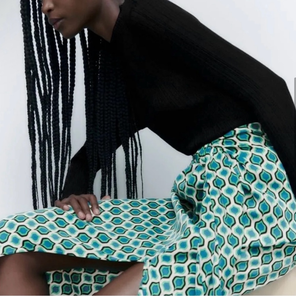 Zara Geometric Print Midi Skirt Green, Blue, Black and Yellow Print, Size S - Picture 4 of 7